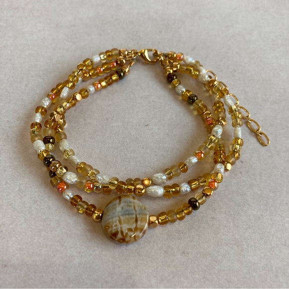 Chocolate Crackle Agate with Multi Strand Beaded Bracelet 7.5" - Picture 1 of 13